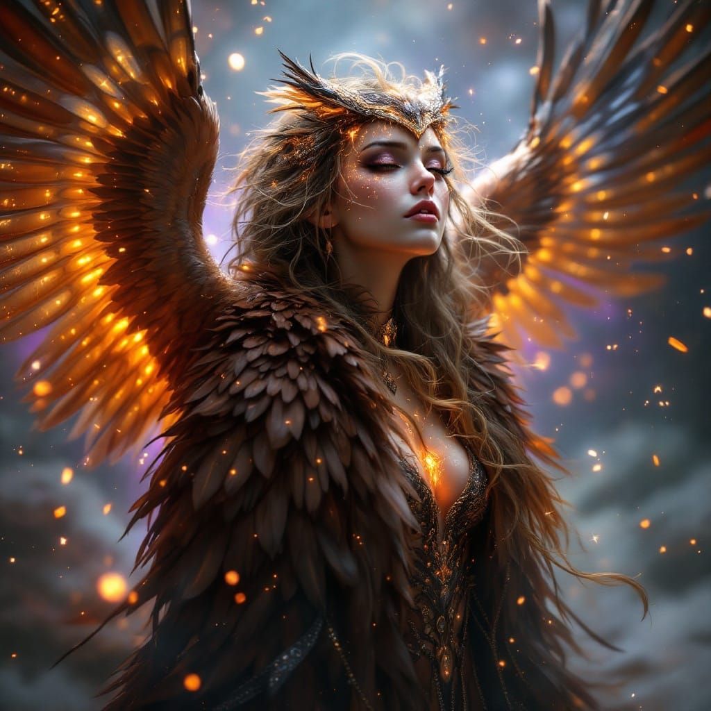 Ethereal Cyberpunk Harpy in Vibrant Hues