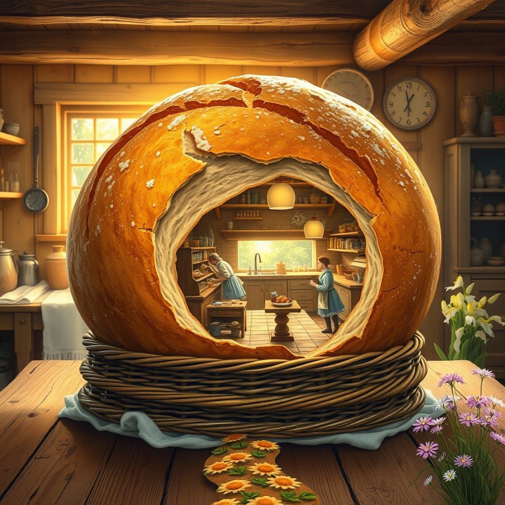 Realistic, side view against the background of a rustic country kitchen. Inside the crack in an epic loaf of bread lies ...