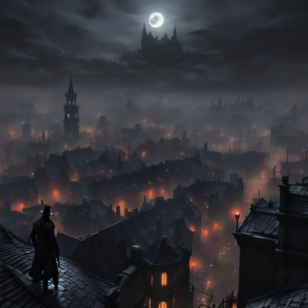 Eerie Bloodborne Cityscape with Orange Lights