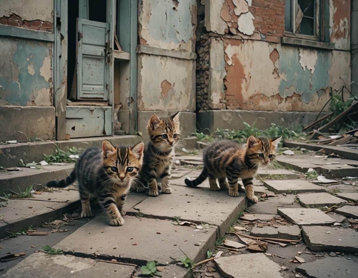 Kittens Explore Abandoned Building in Cinematic Style