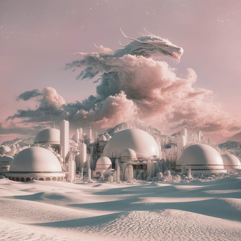 Ethereal Alien City with Cloud Dragon, Digital Art