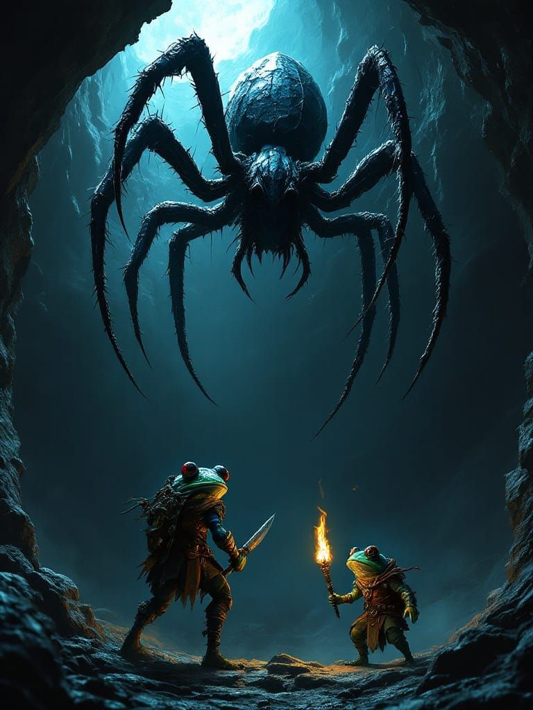 Gigantic Dark Spider Descends Upon Unaware Frog Adventurers