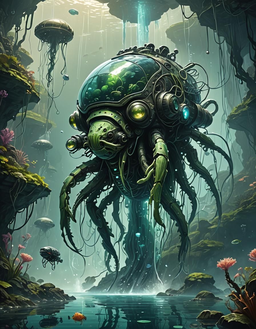 Alien Aquatic Creature and Submersible in Bioluminescent Gro...