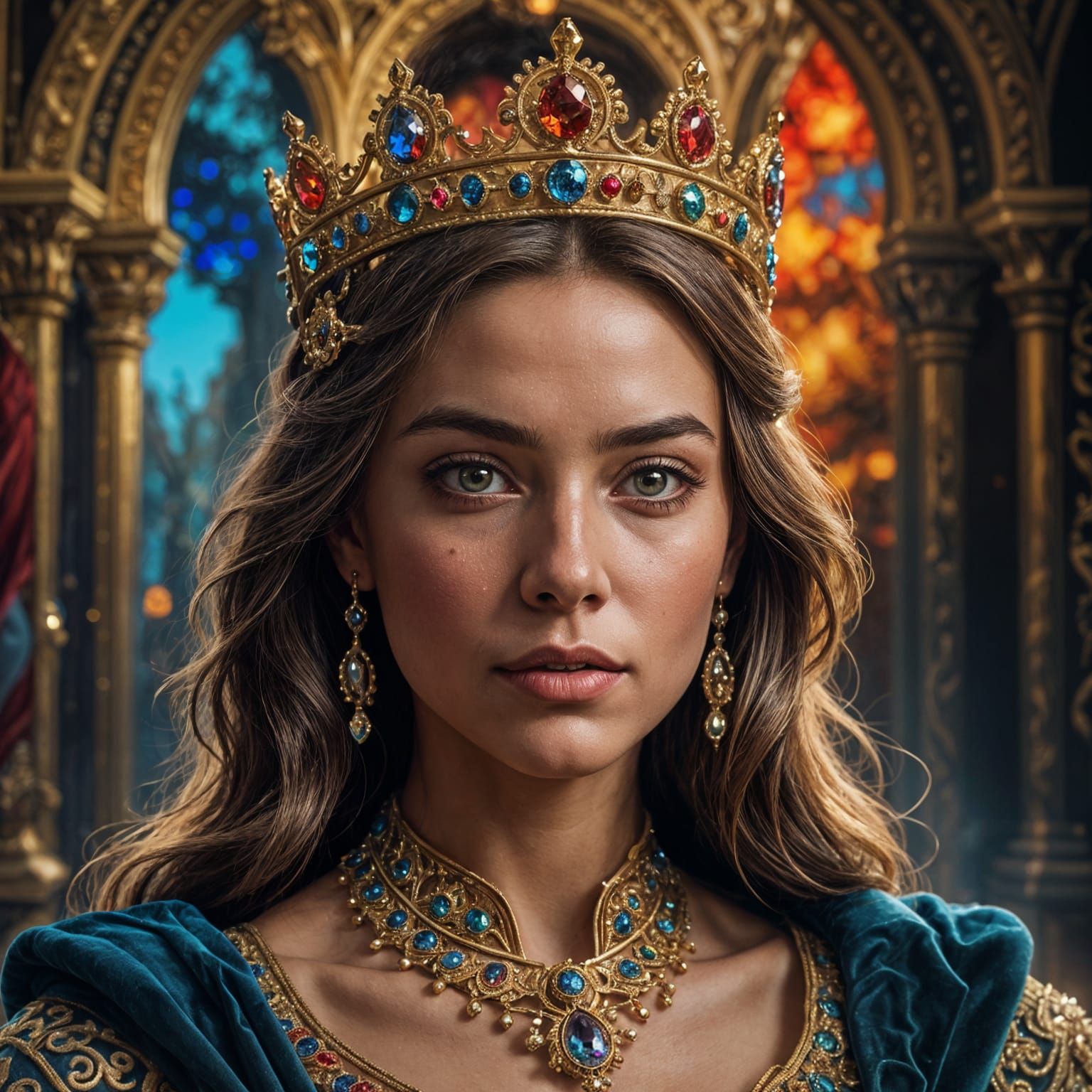 Regal Woman in Ornate Crown, Hyperrealistic Portrait