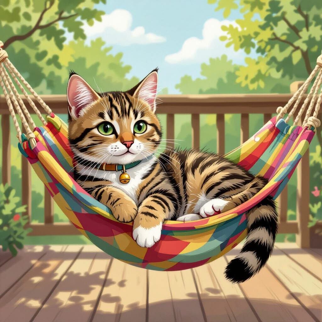 Whimsical Tabby Cat in Hammock, Beatrix Potter Style