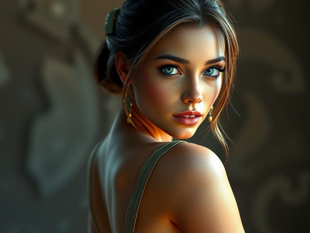 Beautiful Woman with Blue Eyes in High Fashion Gown