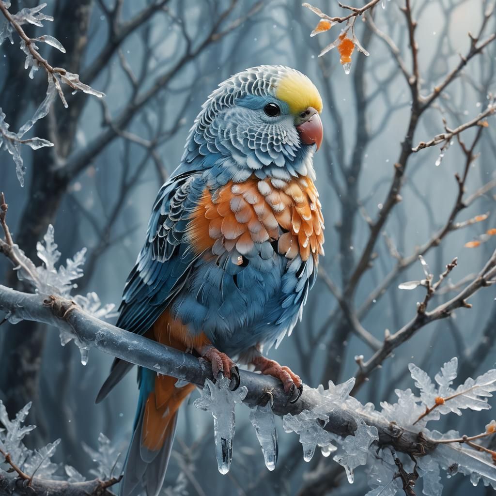 Icy Budgie Portrait in Frozen Forest