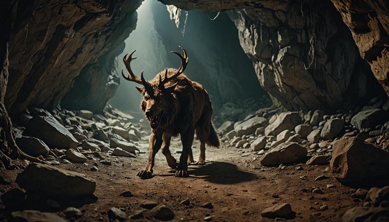 Brown Werewolf in Majestic Cavern at Night, Cinematic Film S...