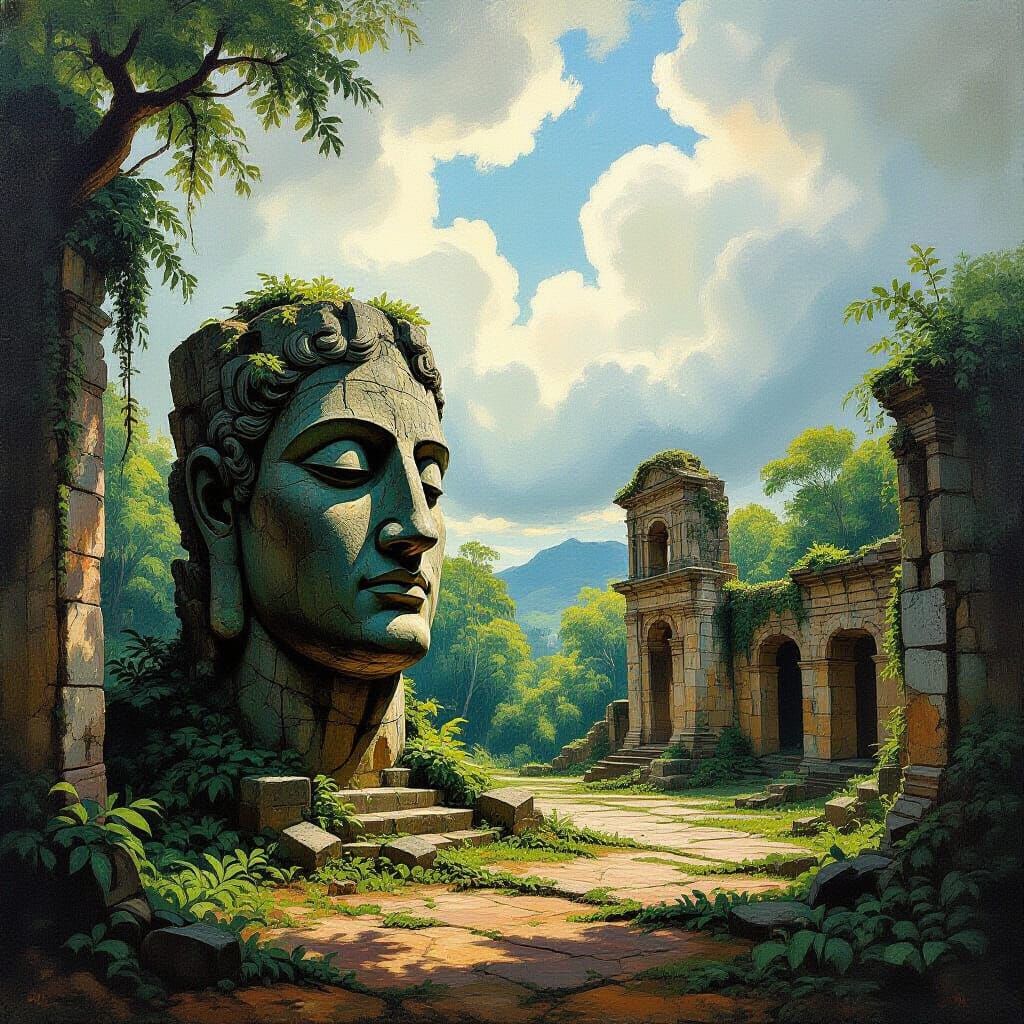 Jungle Reclaims Ancient City Ruins with Stone Head