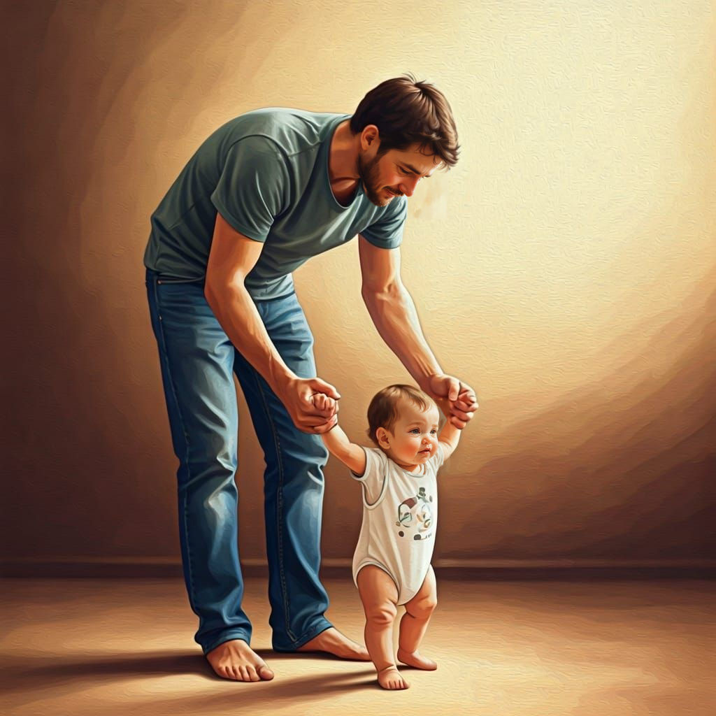 Painterly Artwork of Father Helping Baby Walk