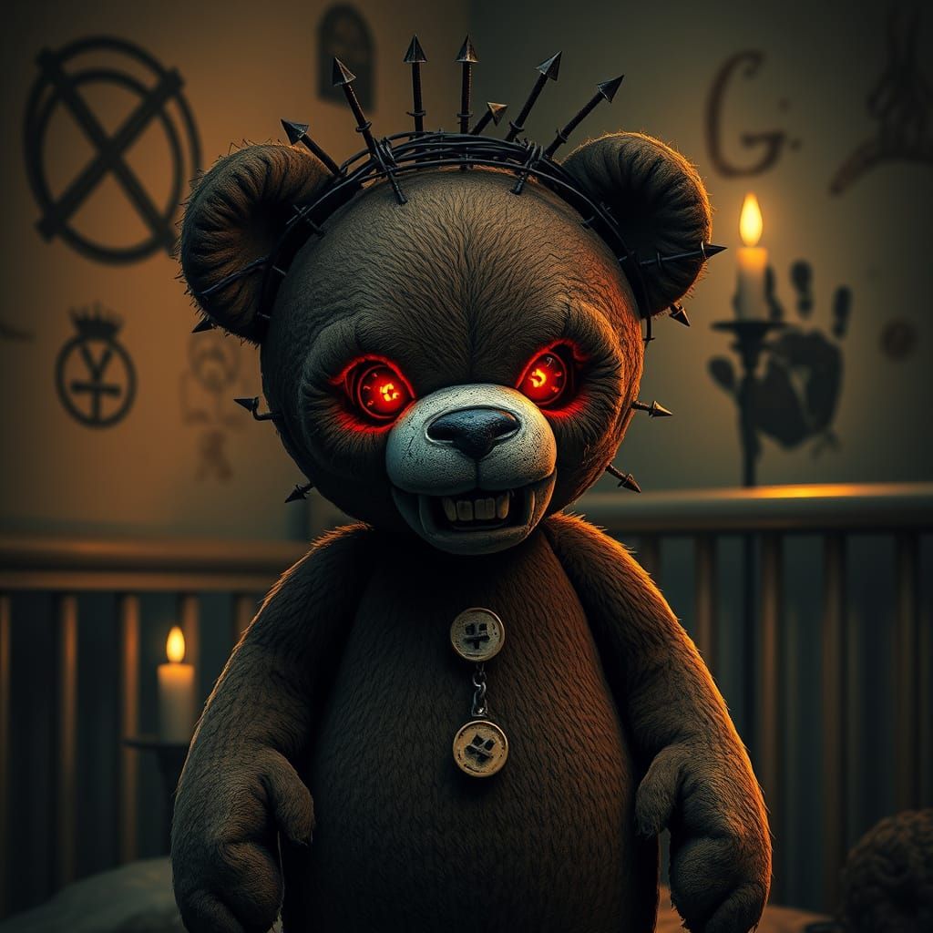 Demonic Teddy Bear in Candlelit Nursery