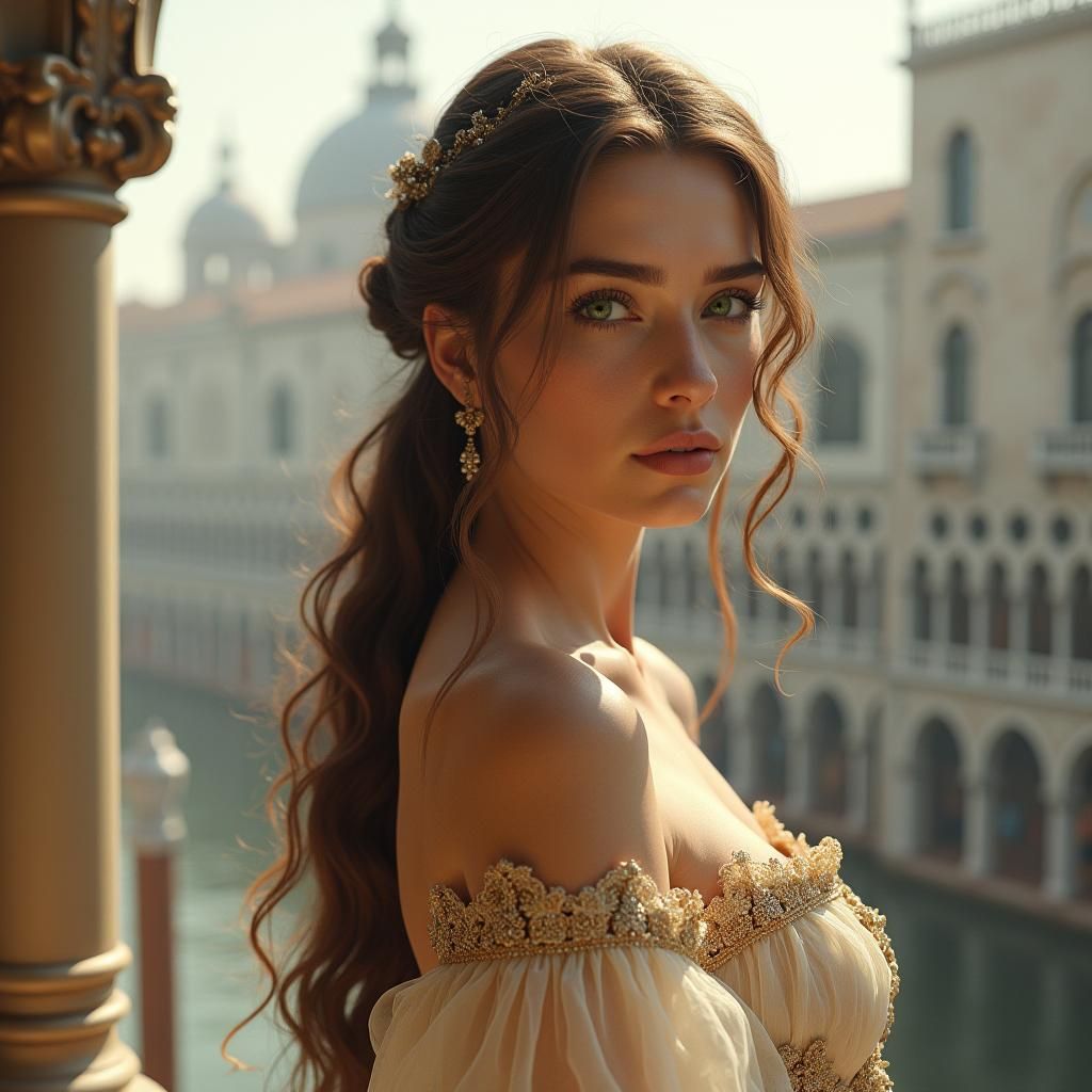 Renaissance Woman on Venetian Balcony in Morning Light
