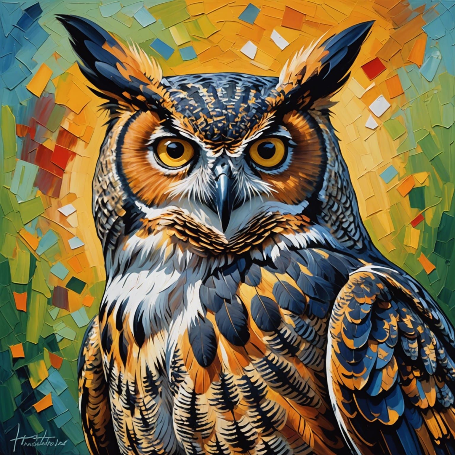 Great Horned Owl in Neo-Impressionist Style