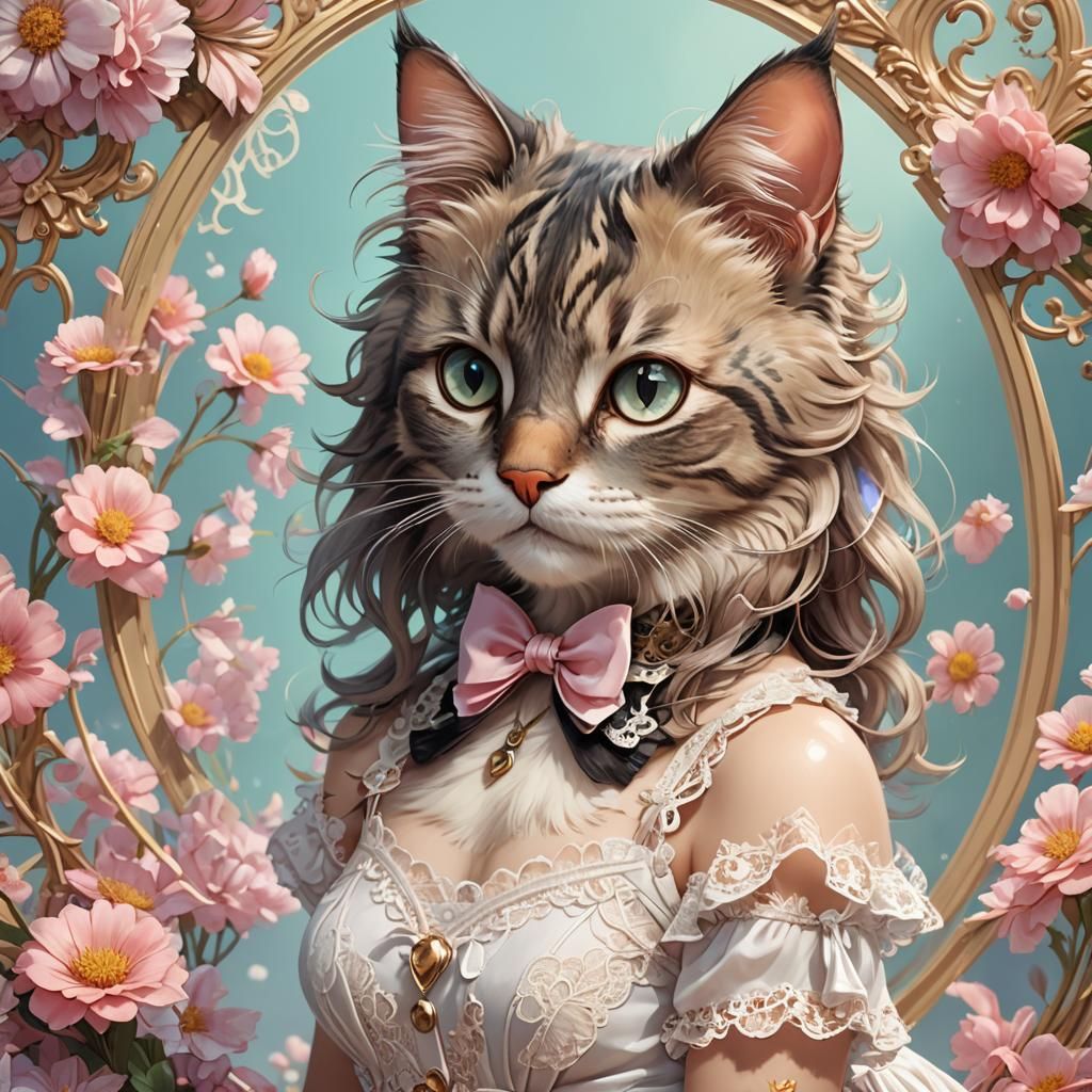Kawaii Cat Portrait in Art Nouveau Style