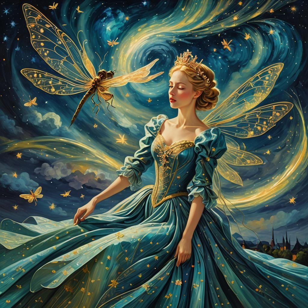 Princess on Dragonfly in a Van Gogh Style Sky