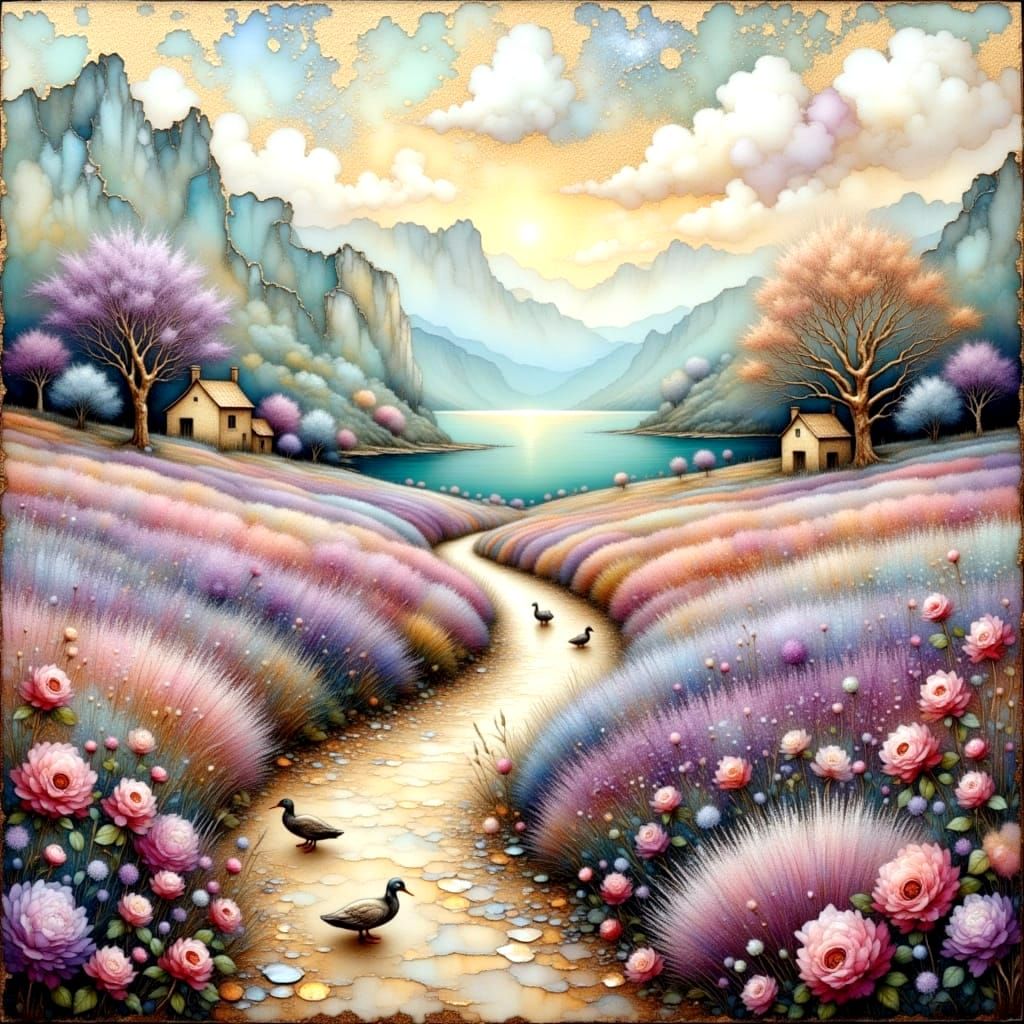 Ducks on Pathway in Ethereal Lavender Landscape