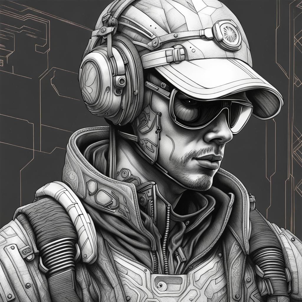 Cyberpunk Soldier: Hyperdetailed Charcoal Line Art