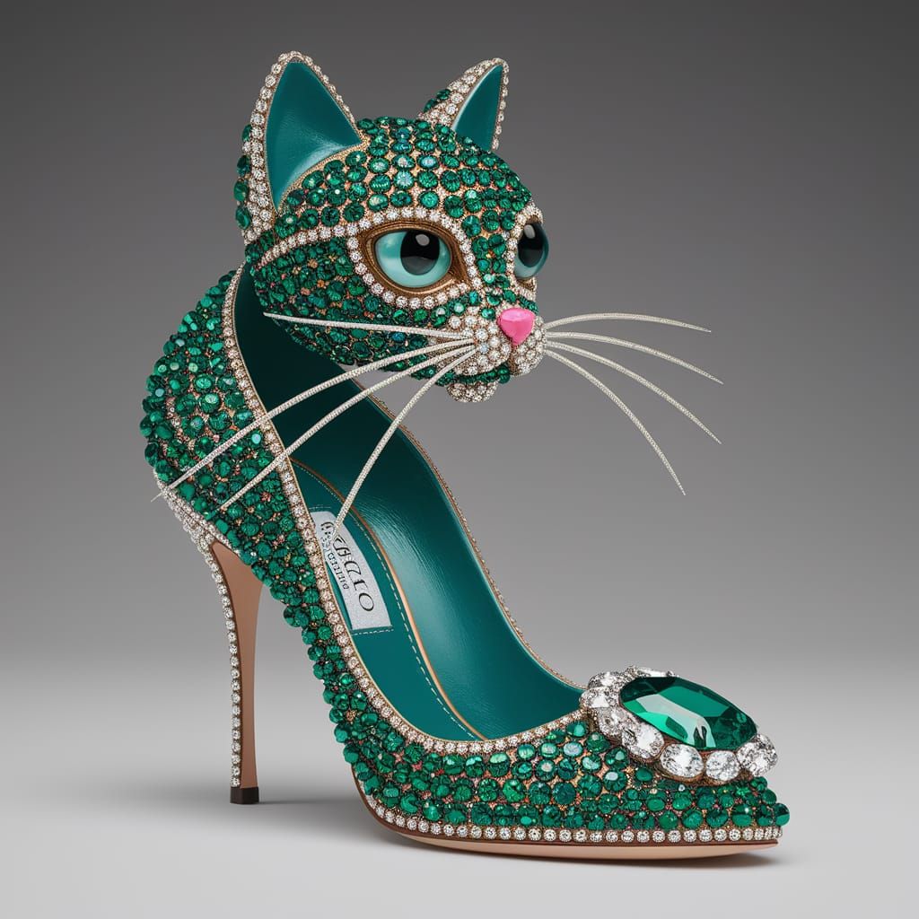 Ornate Cat High Heel Shoe with Rhinestones