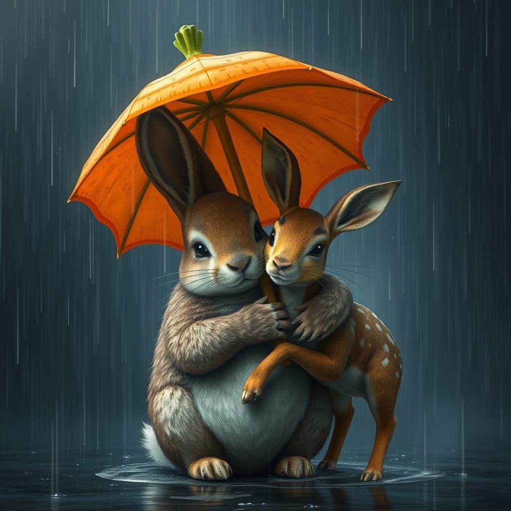 Rabbit Shelters Doe from Rain with Carrot Umbrella
