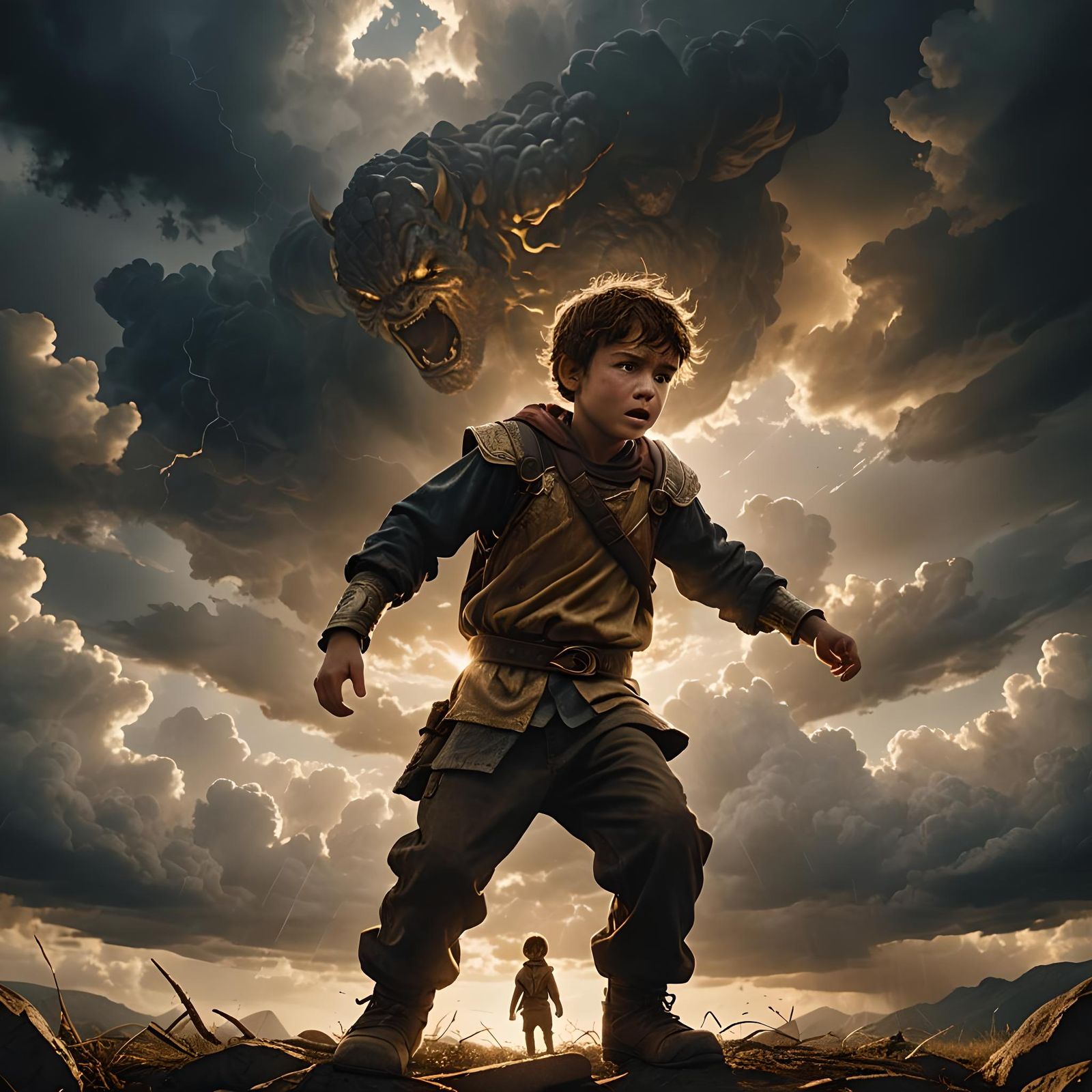 Child Fighting a Giant in Hyperrealistic Style