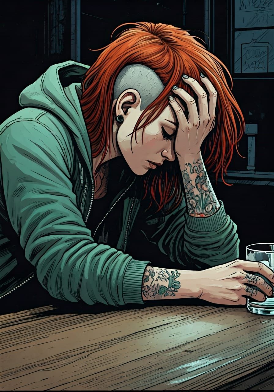 Red-Haired Woman at Bar in Gritty Graphic Novel Style