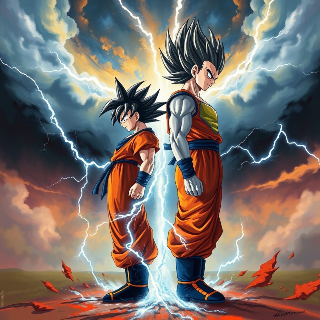 Goku and Vegeta Stand Tall in Cyberpunk-Infused Thunderstorm