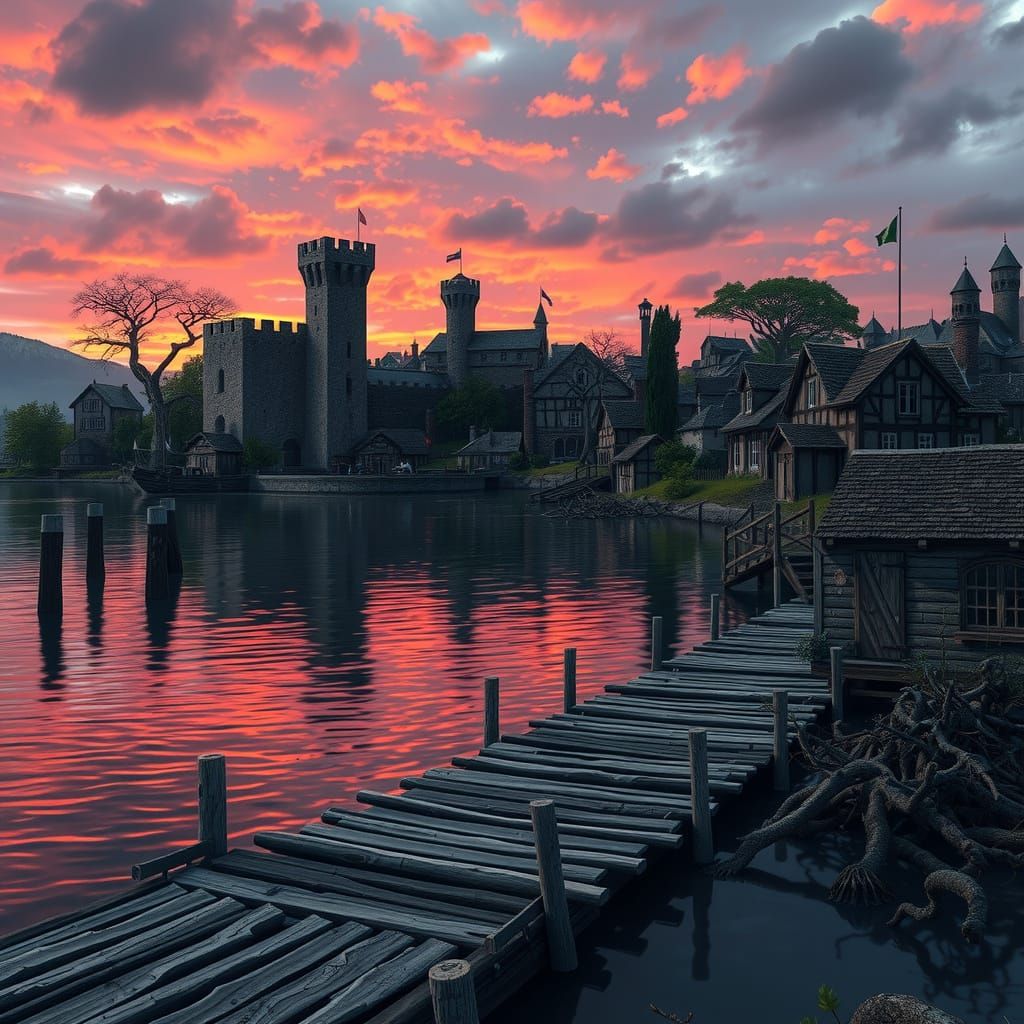 Medieval Port City Along Serene Lake at Sunset