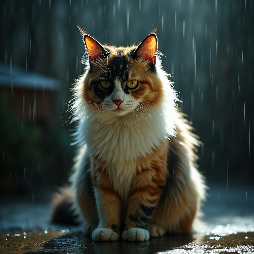 Unhappy Tricolour Cat in Cinematic Film Still