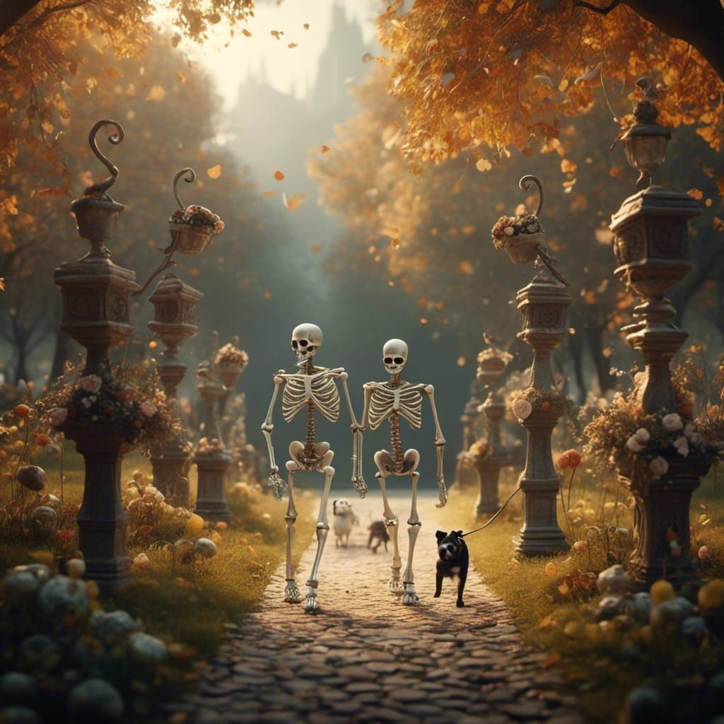 Skeletons Walking Dogs in Park, Whimsical Art
