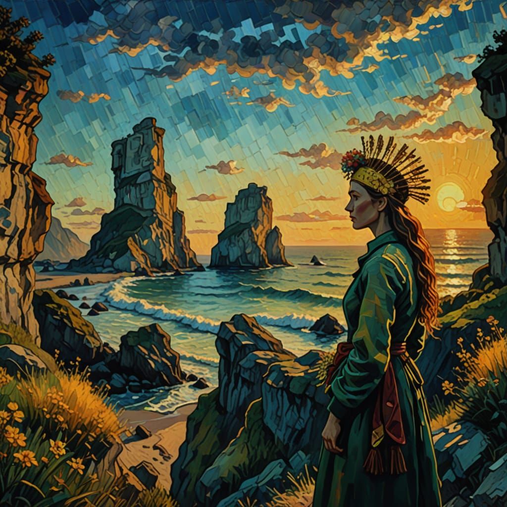 Neo-Impressionist Oil Painting: Elegant Woman at Sunset