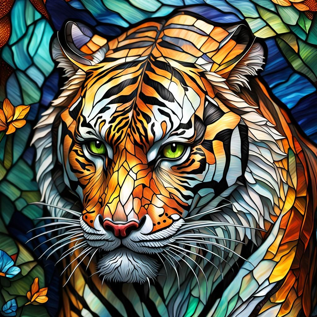 Hyperrealistic Tiger in Tiffany Glass Style