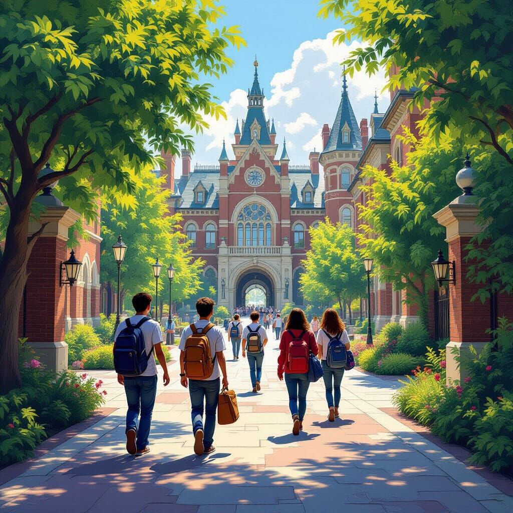 College Students on Campus in Matte Painting Style