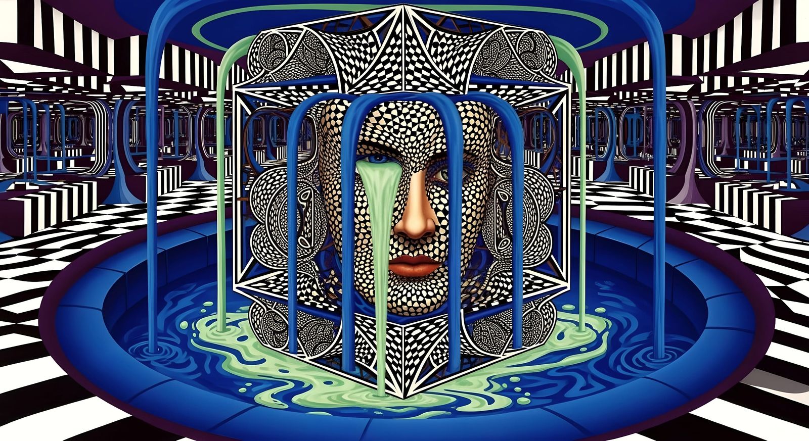 Op-Art Fountain With Kaleidoscopic Recursion