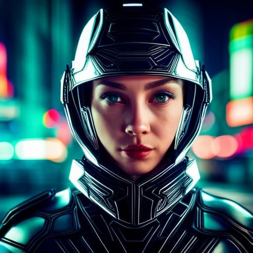 Cyborg Girl Portrait in a Neon Cityscape