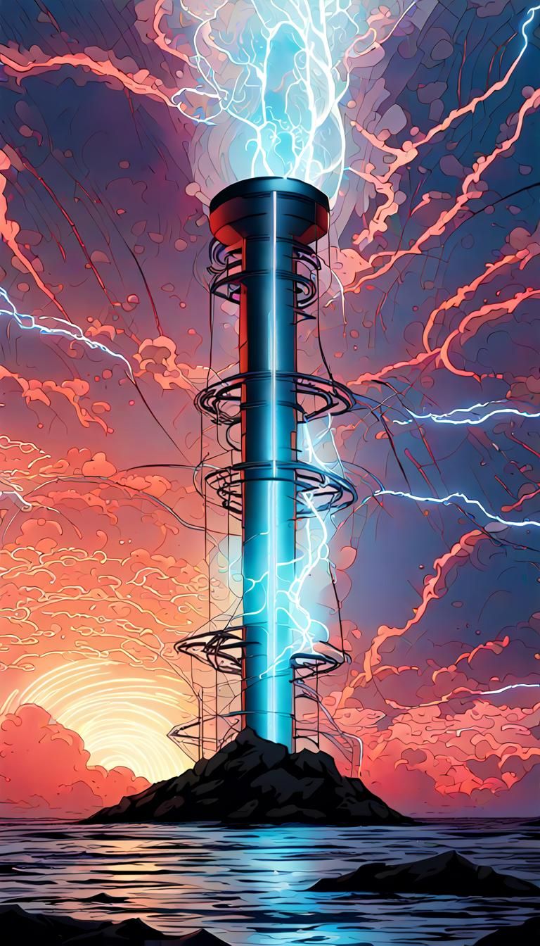 Tesla-coil during thunderstorm scene, lightning and clouds windy sea, maximalist sci-fi fantasy art, multiple line art t...