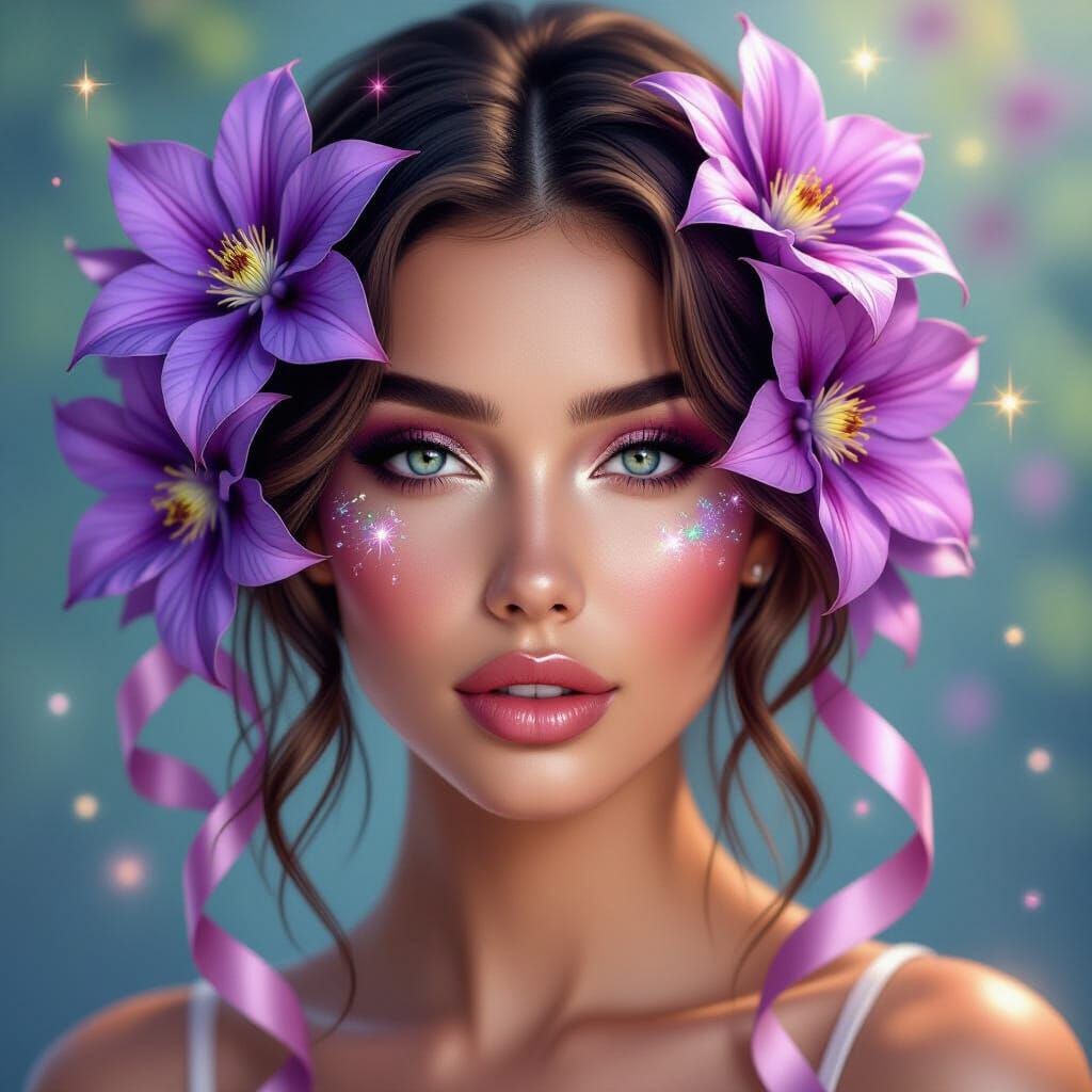 Hyperrealistic Portrait of a Woman with Clematis Flowers