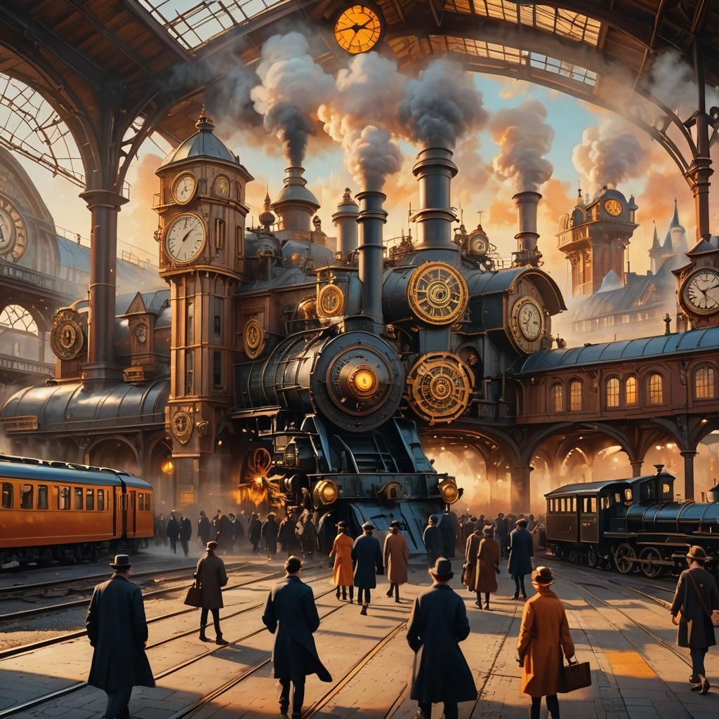 Surreal Clockwork Train Station in Dreamlike Style