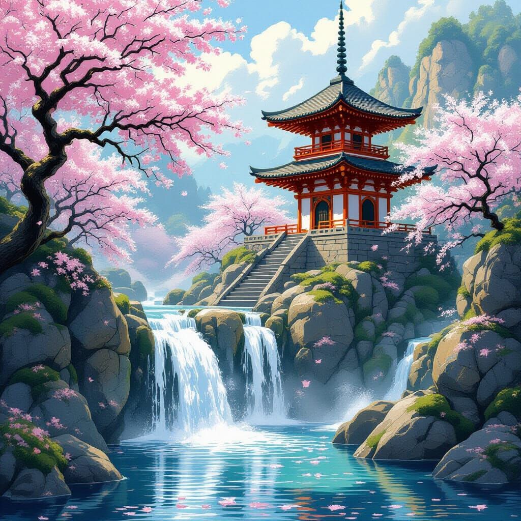 Ein wasserfall der aus einer wunderschönen stein pagode kommt. Blühende Kirschbäume umgeben die Pagode. Es sieht etwas w...