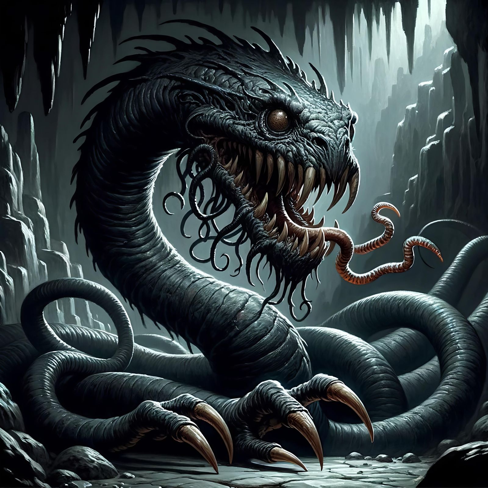 Menacing Grick in Dark Cavern: Fantasy Illustration