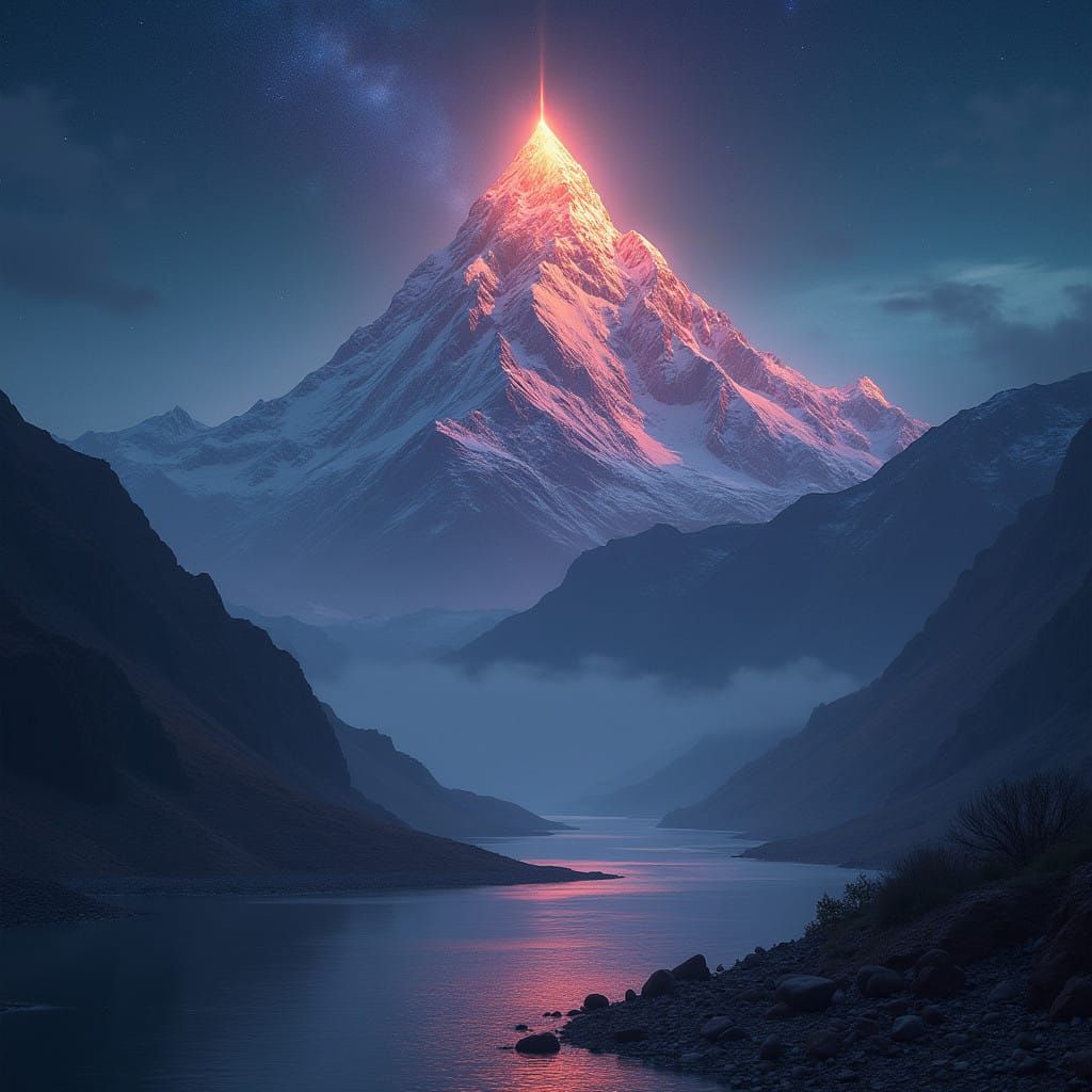 Ethereal Fae Mountain Radiates Holy Energy Under Starlit Nig...