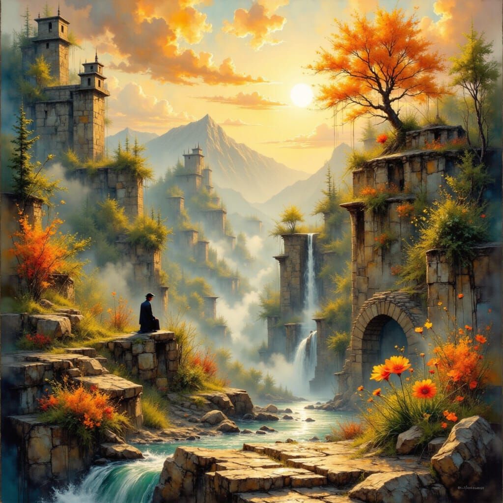 Golden Summerscape with Majestic Marigold and Lush Landscape...