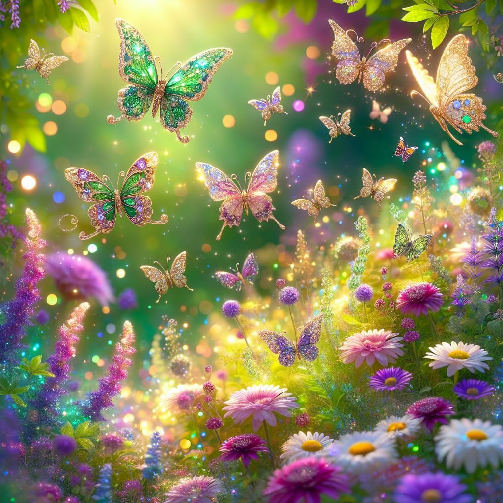 Glittering Butterflies in Lush Purple and Green Garden