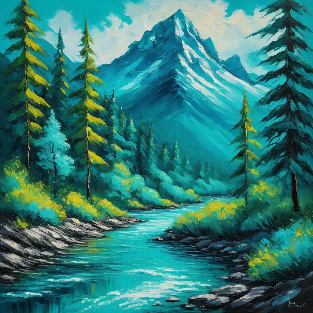 Turquoise Forest Impressionist Monochromatic Landscape