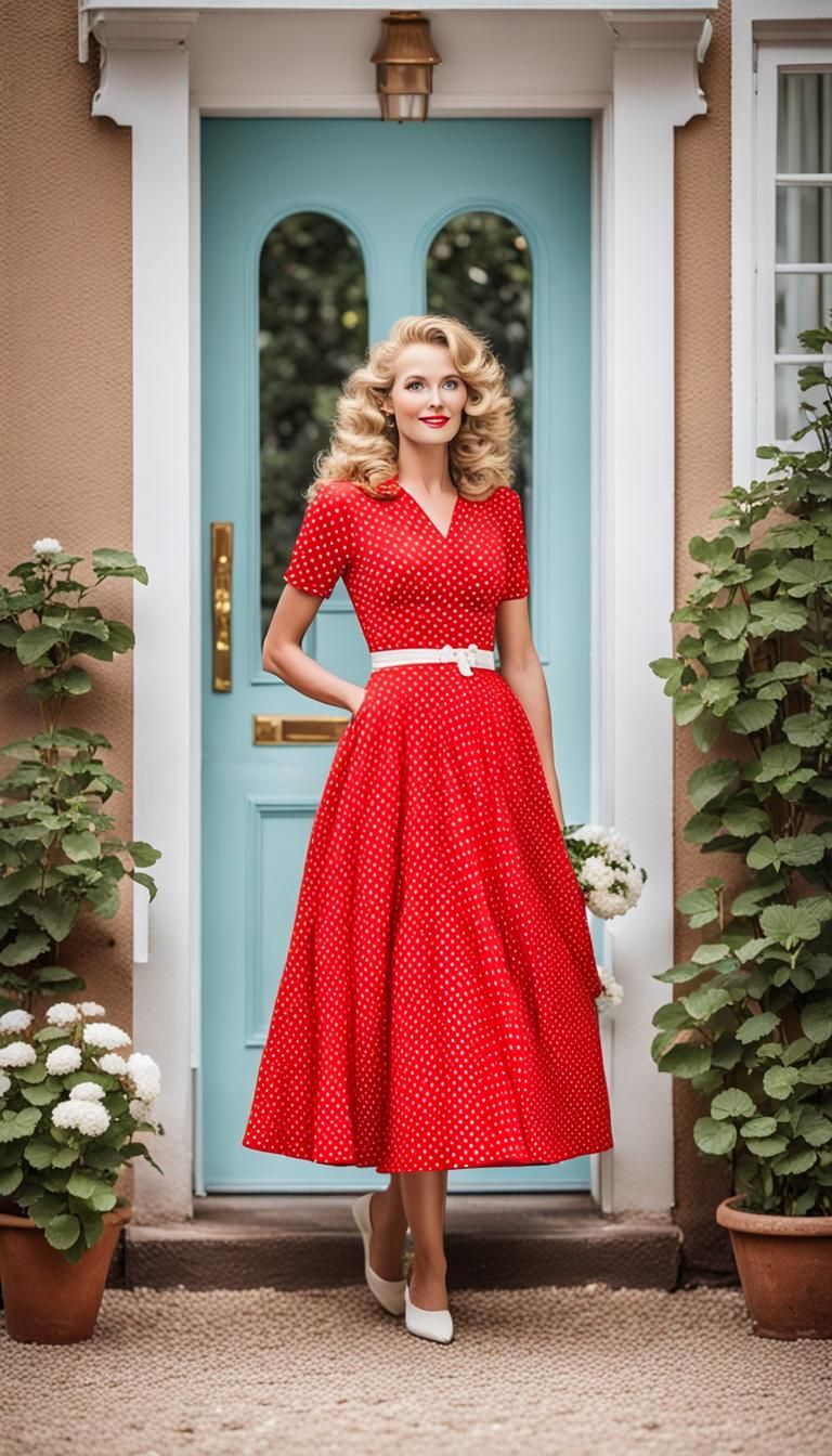 1950s Style Woman in Red Polka Dot Dress