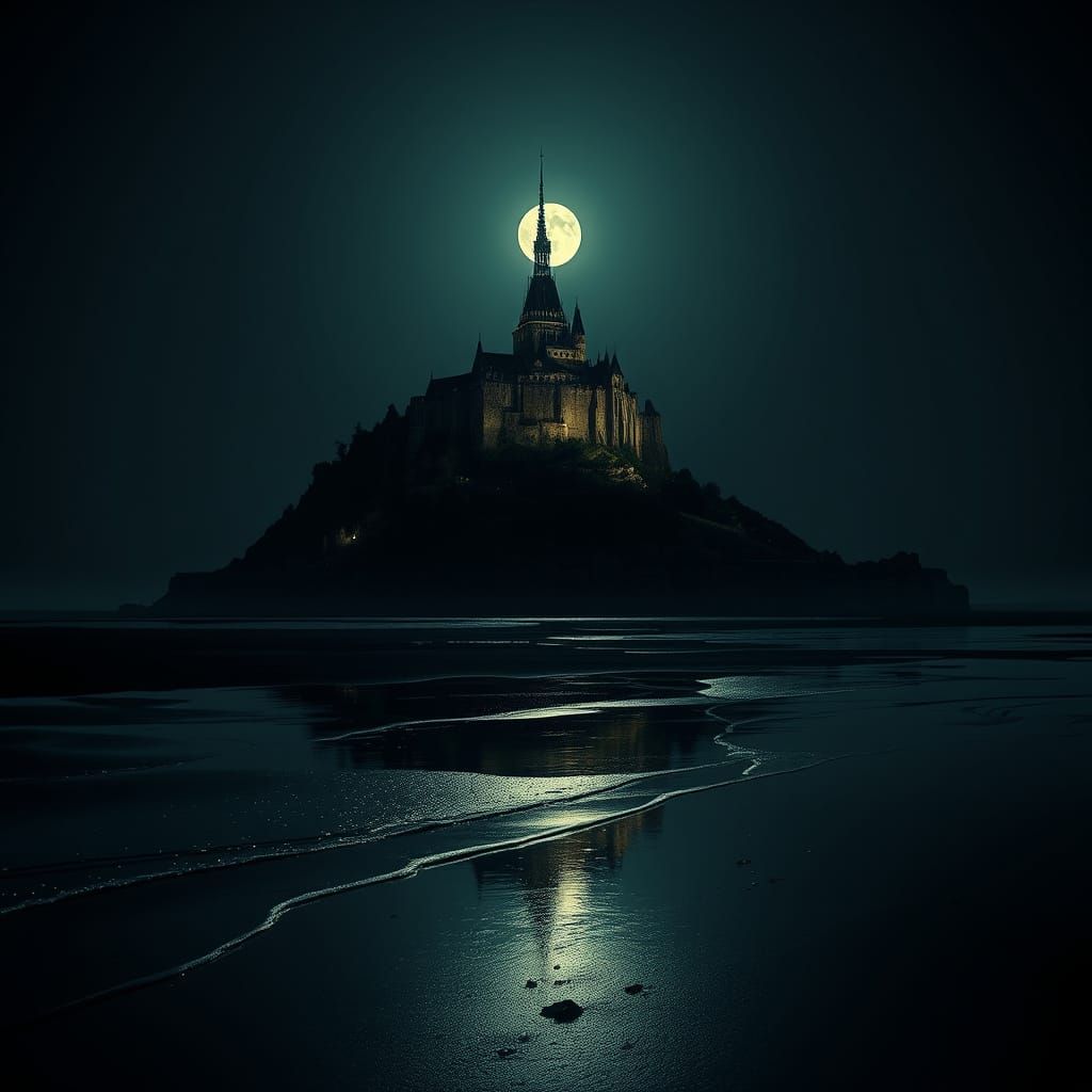 Mont Saint Michel at Low Tide, Moonlit, in Ink-Style