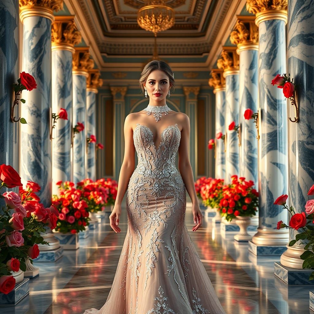 Greek Bride in Diamond Dress, Matte Painting Style