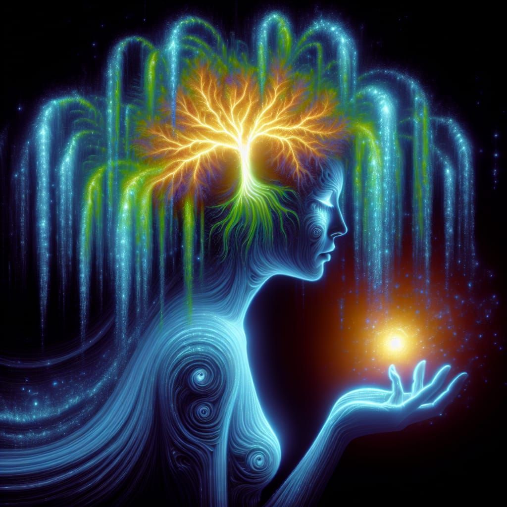 luminescent Weeping Willow as a woman glowing tree of life 8k resolution holographic astral cosmic illustration surreali...