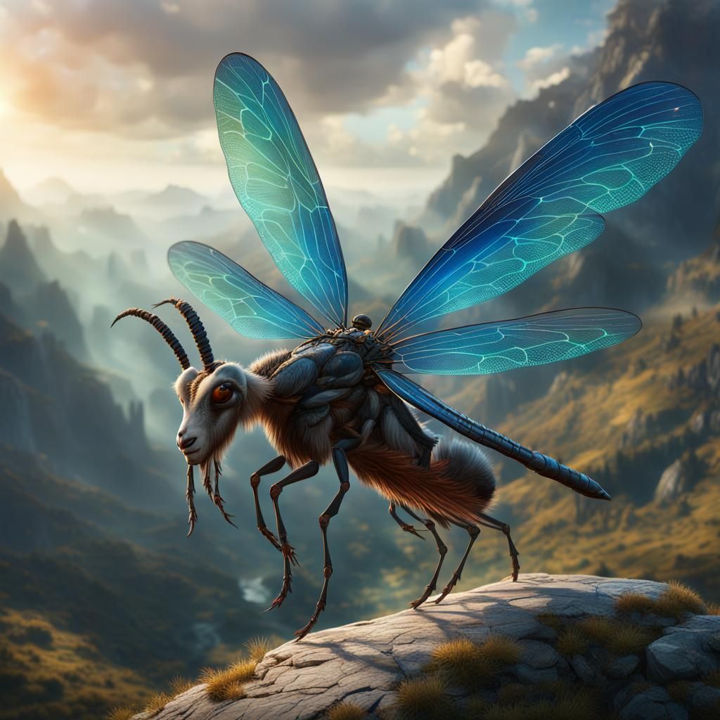 Dragonfly Goat Creature on Mountainside: Fantasy Art