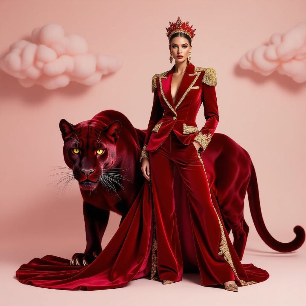Crimson Velvet Fashion: Woman & Red Panther