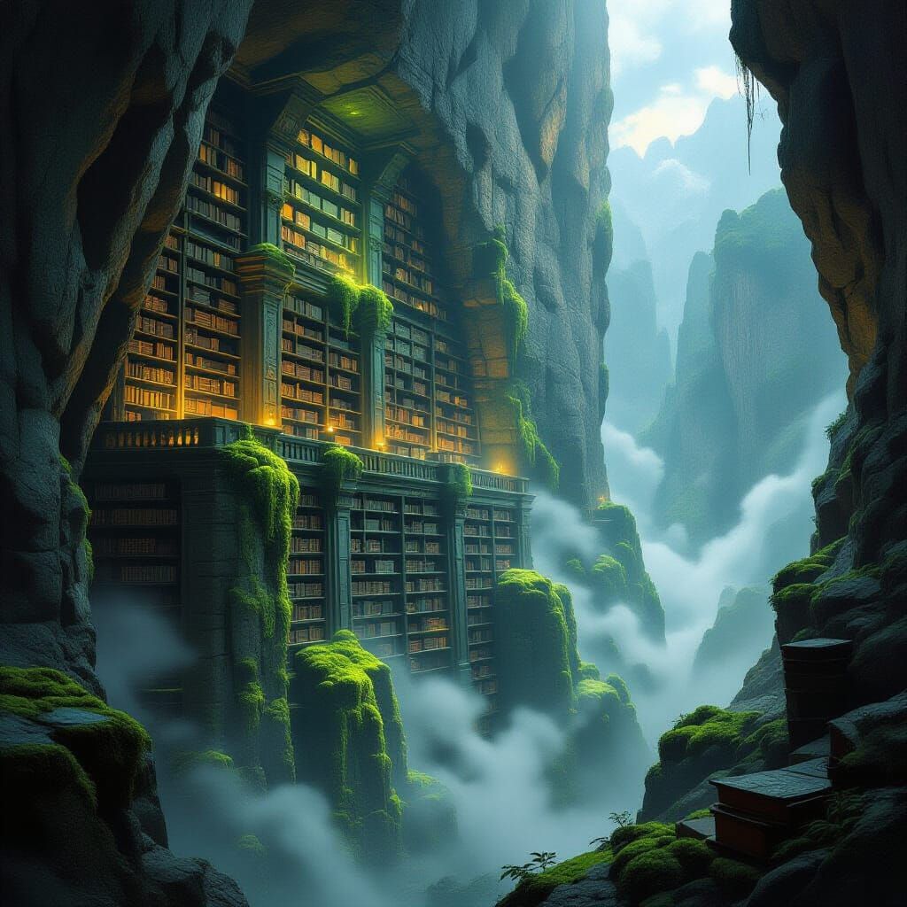 Ancient Mountain Library Overflowing with Tomes